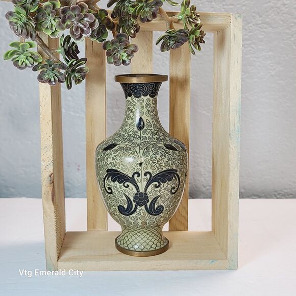 VTG Japanese Vase Enamel on Copper Cream, Black & Gold Cloisonne Swirling 1930 - Picture 10 of 11